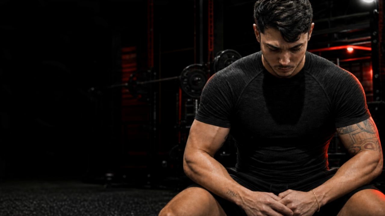 Luca DS concentrado en un gimnasio oscuro con iluminación roja